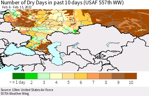Russian Federation Number of Dry Days in past 10 days (USAF 557th WW) Thematic Map For 2/11/2022 - 2/15/2022