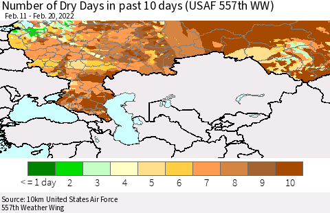 Russian Federation Number of Dry Days in past 10 days (USAF 557th WW) Thematic Map For 2/16/2022 - 2/20/2022
