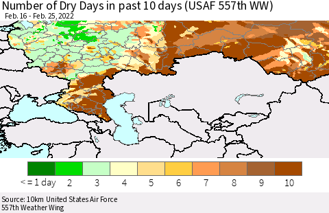 Russian Federation Number of Dry Days in past 10 days (USAF 557th WW) Thematic Map For 2/21/2022 - 2/25/2022