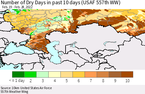 Russian Federation Number of Dry Days in past 10 days (USAF 557th WW) Thematic Map For 2/26/2022 - 2/28/2022