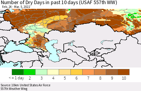 Russian Federation Number of Dry Days in past 10 days (USAF 557th WW) Thematic Map For 3/1/2022 - 3/5/2022