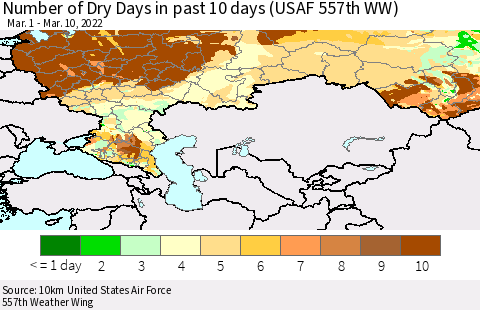 Russian Federation Number of Dry Days in past 10 days (USAF 557th WW) Thematic Map For 3/6/2022 - 3/10/2022