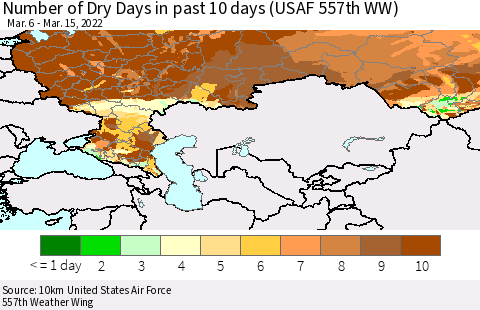 Russian Federation Number of Dry Days in past 10 days (USAF 557th WW) Thematic Map For 3/11/2022 - 3/15/2022