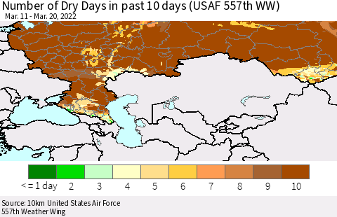 Russian Federation Number of Dry Days in past 10 days (USAF 557th WW) Thematic Map For 3/16/2022 - 3/20/2022