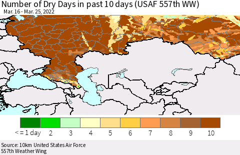 Russian Federation Number of Dry Days in past 10 days (USAF 557th WW) Thematic Map For 3/21/2022 - 3/25/2022