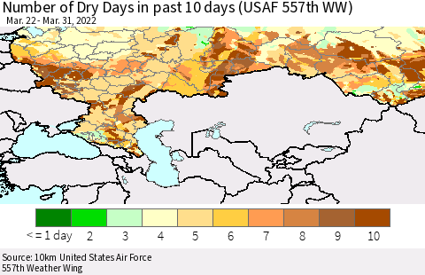 Russian Federation Number of Dry Days in past 10 days (USAF 557th WW) Thematic Map For 3/26/2022 - 3/31/2022