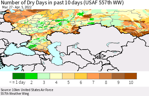 Russian Federation Number of Dry Days in past 10 days (USAF 557th WW) Thematic Map For 4/1/2022 - 4/5/2022
