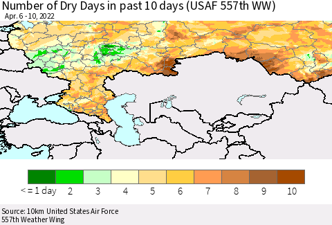 Russian Federation Number of Dry Days in past 10 days (USAF 557th WW) Thematic Map For 4/6/2022 - 4/10/2022