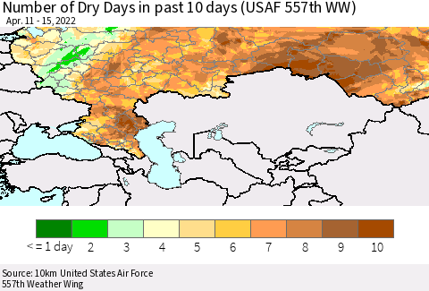 Russian Federation Number of Dry Days in past 10 days (USAF 557th WW) Thematic Map For 4/11/2022 - 4/15/2022