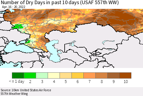 Russian Federation Number of Dry Days in past 10 days (USAF 557th WW) Thematic Map For 4/16/2022 - 4/20/2022
