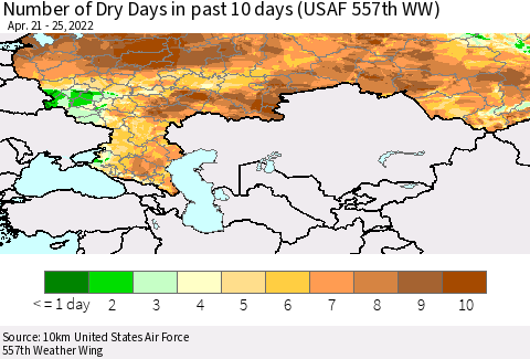 Russian Federation Number of Dry Days in past 10 days (USAF 557th WW) Thematic Map For 4/21/2022 - 4/25/2022