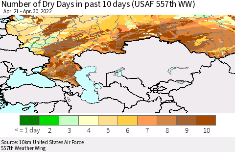 Russian Federation Number of Dry Days in past 10 days (USAF 557th WW) Thematic Map For 4/26/2022 - 4/30/2022