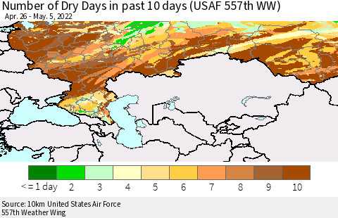 Russian Federation Number of Dry Days in past 10 days (USAF 557th WW) Thematic Map For 5/1/2022 - 5/5/2022