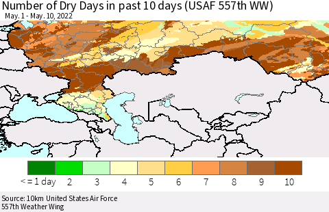 Russian Federation Number of Dry Days in past 10 days (USAF 557th WW) Thematic Map For 5/6/2022 - 5/10/2022