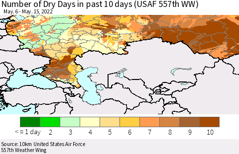 Russian Federation Number of Dry Days in past 10 days (USAF 557th WW) Thematic Map For 5/11/2022 - 5/15/2022