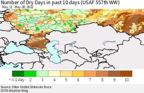 Russian Federation Number of Dry Days in past 10 days (USAF 557th WW) Thematic Map For 5/16/2022 - 5/20/2022
