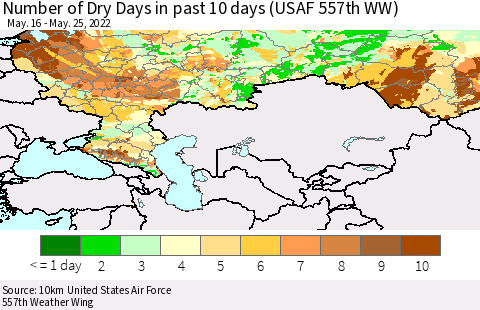 Russian Federation Number of Dry Days in past 10 days (USAF 557th WW) Thematic Map For 5/21/2022 - 5/25/2022