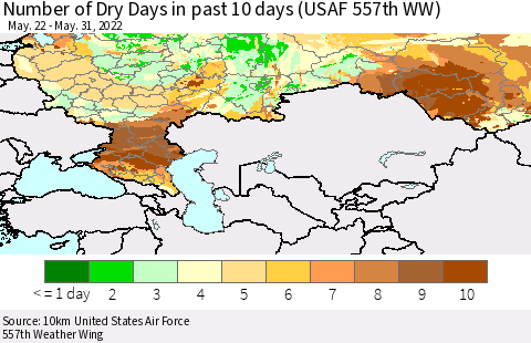 Russian Federation Number of Dry Days in past 10 days (USAF 557th WW) Thematic Map For 5/26/2022 - 5/31/2022