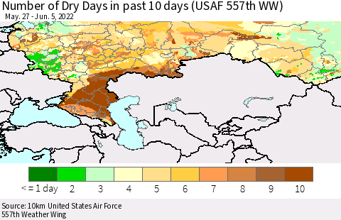 Russian Federation Number of Dry Days in past 10 days (USAF 557th WW) Thematic Map For 6/1/2022 - 6/5/2022