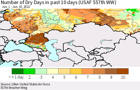 Russian Federation Number of Dry Days in past 10 days (USAF 557th WW) Thematic Map For 6/6/2022 - 6/10/2022