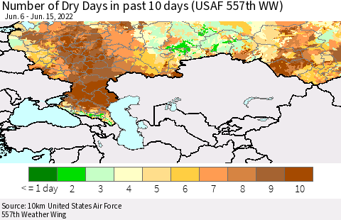 Russian Federation Number of Dry Days in past 10 days (USAF 557th WW) Thematic Map For 6/11/2022 - 6/15/2022