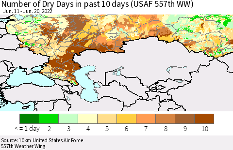 Russian Federation Number of Dry Days in past 10 days (USAF 557th WW) Thematic Map For 6/16/2022 - 6/20/2022