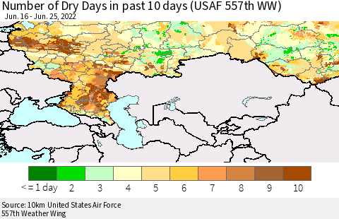 Russian Federation Number of Dry Days in past 10 days (USAF 557th WW) Thematic Map For 6/21/2022 - 6/25/2022