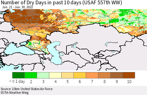 Russian Federation Number of Dry Days in past 10 days (USAF 557th WW) Thematic Map For 6/26/2022 - 6/30/2022
