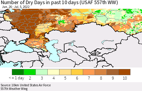 Russian Federation Number of Dry Days in past 10 days (USAF 557th WW) Thematic Map For 7/1/2022 - 7/5/2022