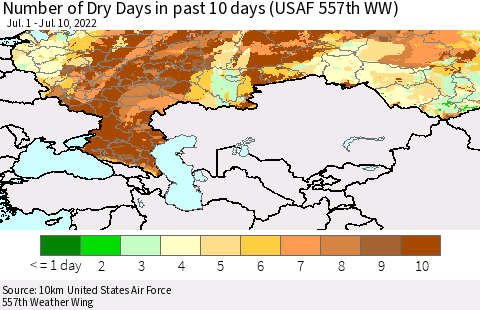 Russian Federation Number of Dry Days in past 10 days (USAF 557th WW) Thematic Map For 7/6/2022 - 7/10/2022