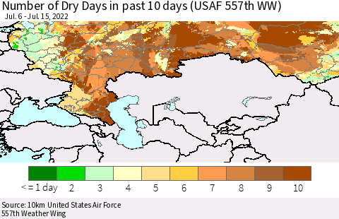 Russian Federation Number of Dry Days in past 10 days (USAF 557th WW) Thematic Map For 7/11/2022 - 7/15/2022