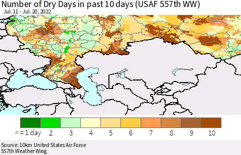 Russian Federation Number of Dry Days in past 10 days (USAF 557th WW) Thematic Map For 7/16/2022 - 7/20/2022