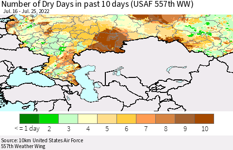 Russian Federation Number of Dry Days in past 10 days (USAF 557th WW) Thematic Map For 7/21/2022 - 7/25/2022