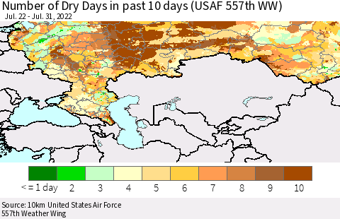 Russian Federation Number of Dry Days in past 10 days (USAF 557th WW) Thematic Map For 7/26/2022 - 7/31/2022