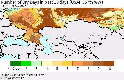 Russian Federation Number of Dry Days in past 10 days (USAF 557th WW) Thematic Map For 8/1/2022 - 8/5/2022