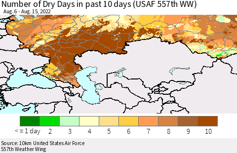 Russian Federation Number of Dry Days in past 10 days (USAF 557th WW) Thematic Map For 8/11/2022 - 8/15/2022