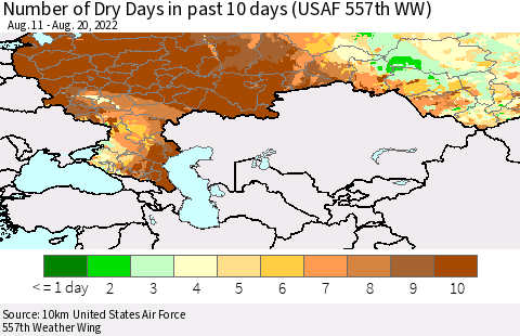 Russian Federation Number of Dry Days in past 10 days (USAF 557th WW) Thematic Map For 8/16/2022 - 8/20/2022