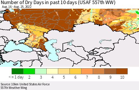 Russian Federation Number of Dry Days in past 10 days (USAF 557th WW) Thematic Map For 8/21/2022 - 8/25/2022