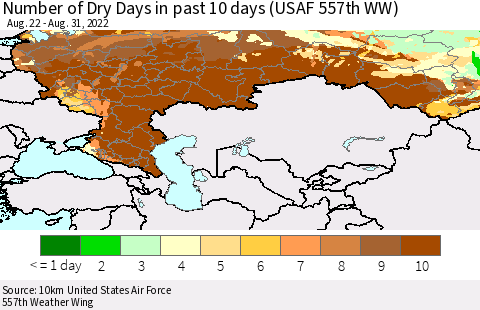 Russian Federation Number of Dry Days in past 10 days (USAF 557th WW) Thematic Map For 8/26/2022 - 8/31/2022