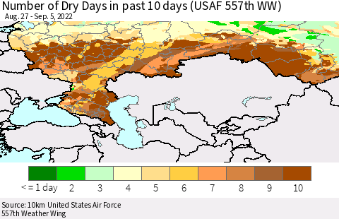 Russian Federation Number of Dry Days in past 10 days (USAF 557th WW) Thematic Map For 9/1/2022 - 9/5/2022