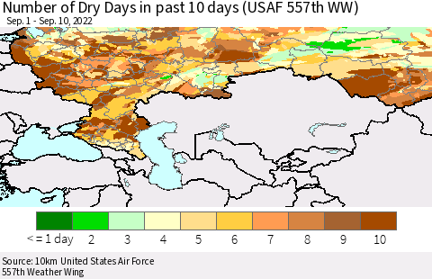 Russian Federation Number of Dry Days in past 10 days (USAF 557th WW) Thematic Map For 9/6/2022 - 9/10/2022
