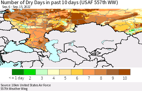 Russian Federation Number of Dry Days in past 10 days (USAF 557th WW) Thematic Map For 9/11/2022 - 9/15/2022