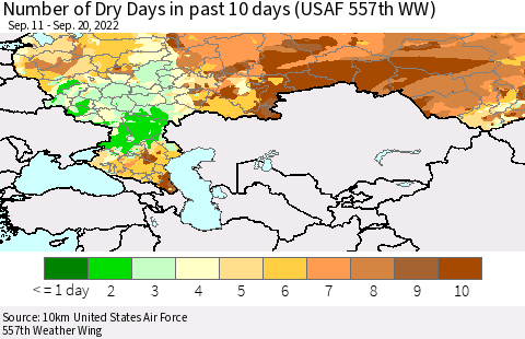 Russian Federation Number of Dry Days in past 10 days (USAF 557th WW) Thematic Map For 9/16/2022 - 9/20/2022