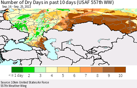 Russian Federation Number of Dry Days in past 10 days (USAF 557th WW) Thematic Map For 9/21/2022 - 9/25/2022