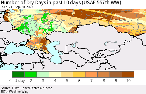 Russian Federation Number of Dry Days in past 10 days (USAF 557th WW) Thematic Map For 9/26/2022 - 9/30/2022