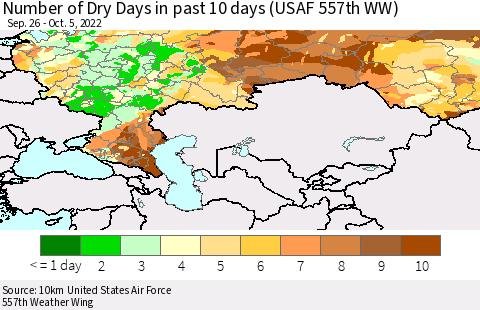 Russian Federation Number of Dry Days in past 10 days (USAF 557th WW) Thematic Map For 10/1/2022 - 10/5/2022