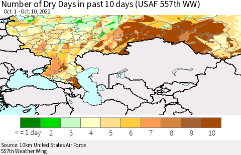 Russian Federation Number of Dry Days in past 10 days (USAF 557th WW) Thematic Map For 10/6/2022 - 10/10/2022