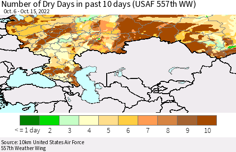 Russian Federation Number of Dry Days in past 10 days (USAF 557th WW) Thematic Map For 10/11/2022 - 10/15/2022