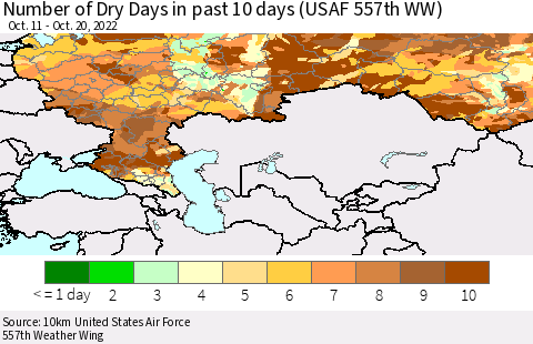 Russian Federation Number of Dry Days in past 10 days (USAF 557th WW) Thematic Map For 10/16/2022 - 10/20/2022