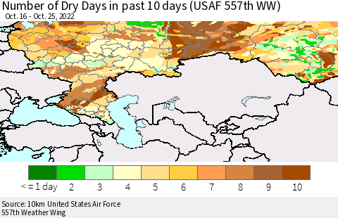 Russian Federation Number of Dry Days in past 10 days (USAF 557th WW) Thematic Map For 10/21/2022 - 10/25/2022